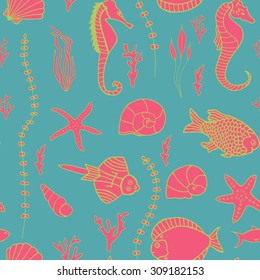 Seamless pattern with hand drawn fishes, corrals, shells, seaweeds and sea-horses. Perfect background texture for menus, booklets or web designs.