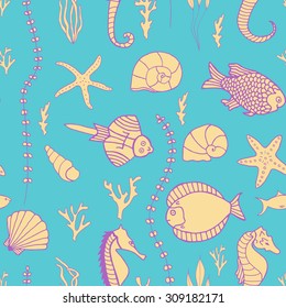 Seamless pattern with hand drawn fishes, corrals, shells, seaweeds and sea-horses. Perfect background texture for menus, booklets or web designs.