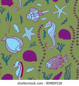 Seamless pattern with hand drawn fishes, corrals, shells, seaweeds and sea-horses. Perfect background texture for menus, booklets or web designs.