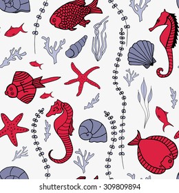 Seamless pattern with hand drawn fishes, corrals, shells, seaweeds and sea-horses. Perfect background texture for menus, booklets or web designs.