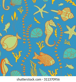 Seamless pattern with hand drawn fishes, corrals, shells, seaweeds and sea-horses. Perfect background texture for menus, booklets or web designs.