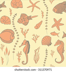 Seamless pattern with hand drawn fishes, corrals, shells, seaweeds and sea-horses. Perfect background texture for menus, booklets or web designs.