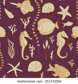 Seamless pattern with hand drawn fishes, corrals, shells, seaweeds and sea-horses. Perfect background texture for menus, booklets or web designs.