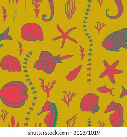 Seamless pattern with hand drawn fishes, corrals, shells, seaweeds and sea-horses. Perfect background texture for menus, booklets or web designs.