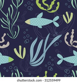 Seamless pattern with hand drawn fishes and water plants