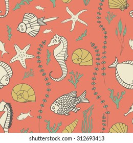 Seamless pattern with hand drawn fishes, corrals, shells, seaweeds and sea-horses. Perfect background texture for menus, booklets or web designs.