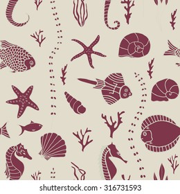 Seamless pattern with hand drawn fishes, corrals, shells, seaweeds and sea-horses. Perfect background texture for menus, booklets or web designs.