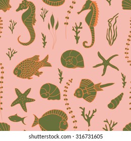 Seamless pattern with hand drawn fishes, corrals, shells, seaweeds and sea-horses. Perfect background texture for menus, booklets or web designs.