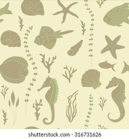 Seamless pattern with hand drawn fishes, corrals, shells, seaweeds and sea-horses. Perfect background texture for menus, booklets or web designs.