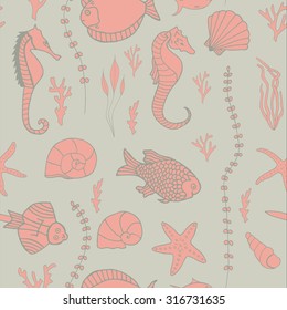Seamless pattern with hand drawn fishes, corrals, shells, seaweeds and sea-horses. Perfect background texture for menus, booklets or web designs.
