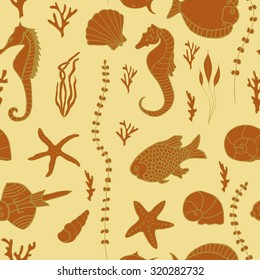 Seamless pattern with hand drawn fishes, corrals, shells, seaweeds and sea-horses. Perfect background texture for menus, booklets or web designs.