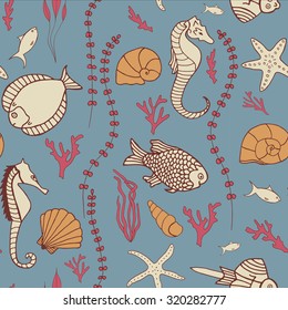 Seamless pattern with hand drawn fishes, corrals, shells, seaweeds and sea-horses. Perfect background texture for menus, booklets or web designs.