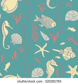 Seamless pattern with hand drawn fishes, corrals, shells, seaweeds and sea-horses. Perfect background texture for menus, booklets or web designs.