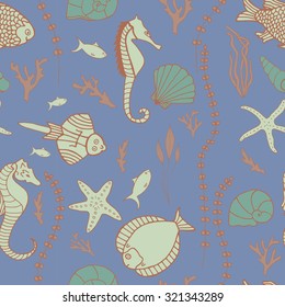 Seamless pattern with hand drawn fishes, corrals, shells, seaweeds and sea-horses. Perfect background texture for menus, booklets or web designs.