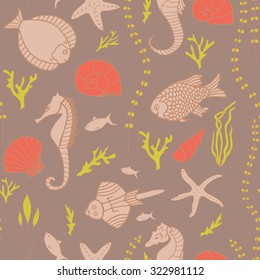Seamless pattern with hand drawn fishes, corrals, shells, seaweeds and sea-horses. Perfect background texture for menus, booklets or web designs.