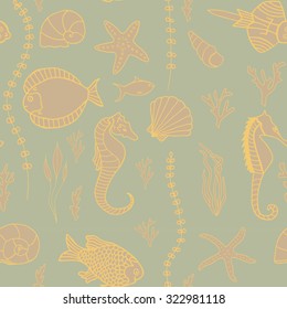 Seamless pattern with hand drawn fishes, corrals, shells, seaweeds and sea-horses. Perfect background texture for menus, booklets or web designs.