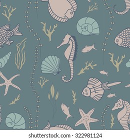 Seamless pattern with hand drawn fishes, corrals, shells, seaweeds and sea-horses. Perfect background texture for menus, booklets or web designs.