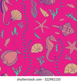 Seamless pattern with hand drawn fishes, corrals, shells, seaweeds and sea-horses. Perfect background texture for menus, booklets or web designs.