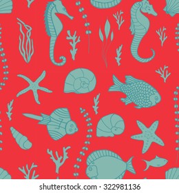 Seamless pattern with hand drawn fishes, corrals, shells, seaweeds and sea-horses. Perfect background texture for menus, booklets or web designs.