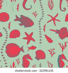 Seamless pattern with hand drawn fishes, corrals, shells, seaweeds and sea-horses. Perfect background texture for menus, booklets or web designs.