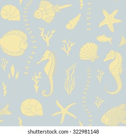 Seamless pattern with hand drawn fishes, corrals, shells, seaweeds and sea-horses. Perfect background texture for menus, booklets or web designs.