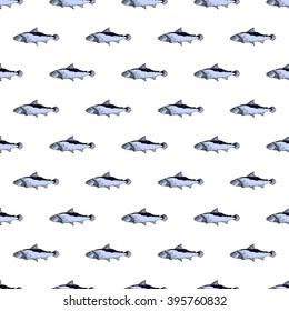 Seamless pattern with hand drawn fishes on a white background. Vector illustration. Decorative texture.