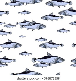 Seamless pattern with hand drawn fishes on a white background. Vector illustration. Decorative texture.