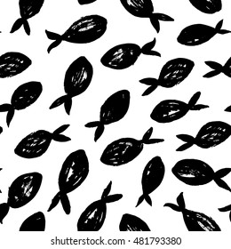 Seamless pattern with hand drawn fishes. Ink illustration. Collection of marine animals. Hand drawn abstract fish pattern. 