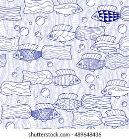 Seamless pattern with hand drawn fishes. Vector image. Children's coloring book.