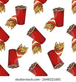 Seamless pattern with hand drawn fizzy drink in red paper cup and French fries in striped packaging. Vintage fast food illustration on white background. Ideal for menu, textile.