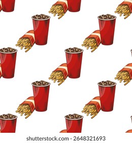 Seamless pattern with hand drawn fizzy drink in red paper cup and French fries in striped packaging. Vintage fast food illustration on white background. Ideal for menu, textile.