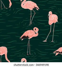 Seamless pattern with hand drawn flamingo