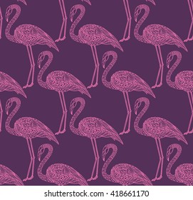 Seamless pattern with hand drawn flamingo birds in ornate fancy doodle style. Vector endless background