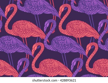 Seamless pattern with hand drawn flamingo birds in ornate fancy doodle style. Vector endless background.