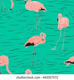 Seamless pattern with hand drawn flamingo, vector illustration