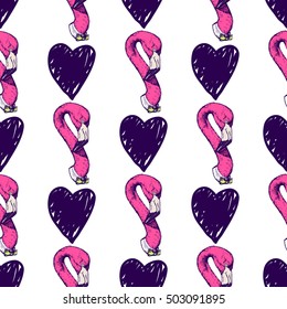 Seamless pattern with hand drawn flamingo heads, vector illustration