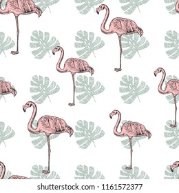 Seamless pattern with hand drawn flamingos and leaves, vector illustration