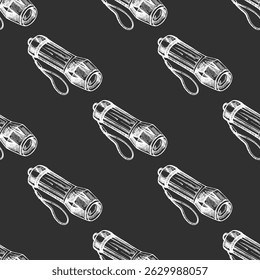 Seamless pattern with hand drawn flashlight in rustic vintage style, illustrated in white on chalkboard background. Perfect for hiking accessories, night adventure designs, camping gear packaging