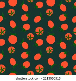 Seamless pattern with hand drawn flat style tomatoes. Texture with vegetables, culinary motifs for kitchen, cooking blog, farmers market, grocery store, online shop.