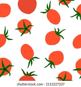 Seamless pattern with hand drawn flat style tomatoes. Texture with vegetables, culinary motifs for kitchen, cooking blog, farmers market, grocery store, online shop.