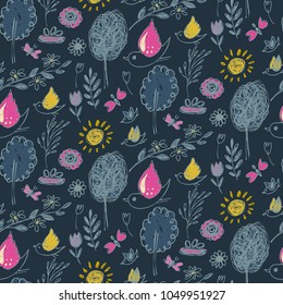 Seamless pattern with hand drawn floral nature motif and spring elements, flowers, trees, birds. Colorful endless vector background.
