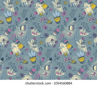 Seamless pattern with hand drawn floral nature motif and spring elements, flowers, trees, birds. Colorful endless vector background