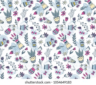 Seamless pattern with hand drawn floral nature motif and spring elements, flowers, trees, birds. Colorful endless vector background.