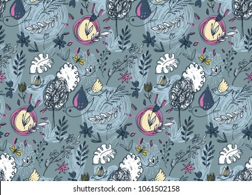 Seamless pattern with hand drawn floral nature motif and spring elements, flowers, trees, birds. Colorful endless vector background