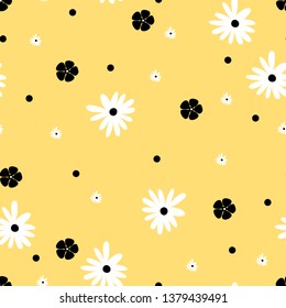 Seamless pattern hand drawn floral ornaments for spring summer, Blossom flowers pattern on yellow background, Seamless vector texture for fashion prints, Various cute decorative flowers blooming