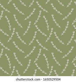 Seamless pattern with hand drawn floral elements lavender on a green background. It can be used for decoration of textile, paper and other surfaces.
