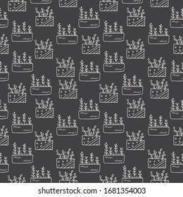 Seamless pattern with hand drawn floral elements, flowers in pots on a dark background. It can be used for decoration of textile, paper and other surfaces.