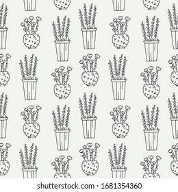 Seamless pattern with hand drawn floral elements, flowers in pots on a beige background. It can be used for decoration of textile, paper and other surfaces.