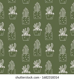 Seamless pattern with hand drawn floral elements, flowers in pots on a green background. It can be used for decoration of textile, paper and other surfaces.