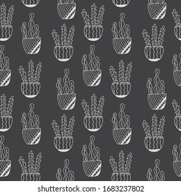 Patrón sin inconvenientes con elementos florales dibujados a mano, flores en ollas sobre un fondo oscuro. Se puede utilizar para la decoración de textiles, papel y otras superficies.